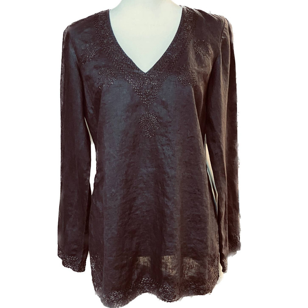 INC Embroidered Long Sleeve Tunic Top, Women's Size 8, V-Neck Brown, 100% Linen